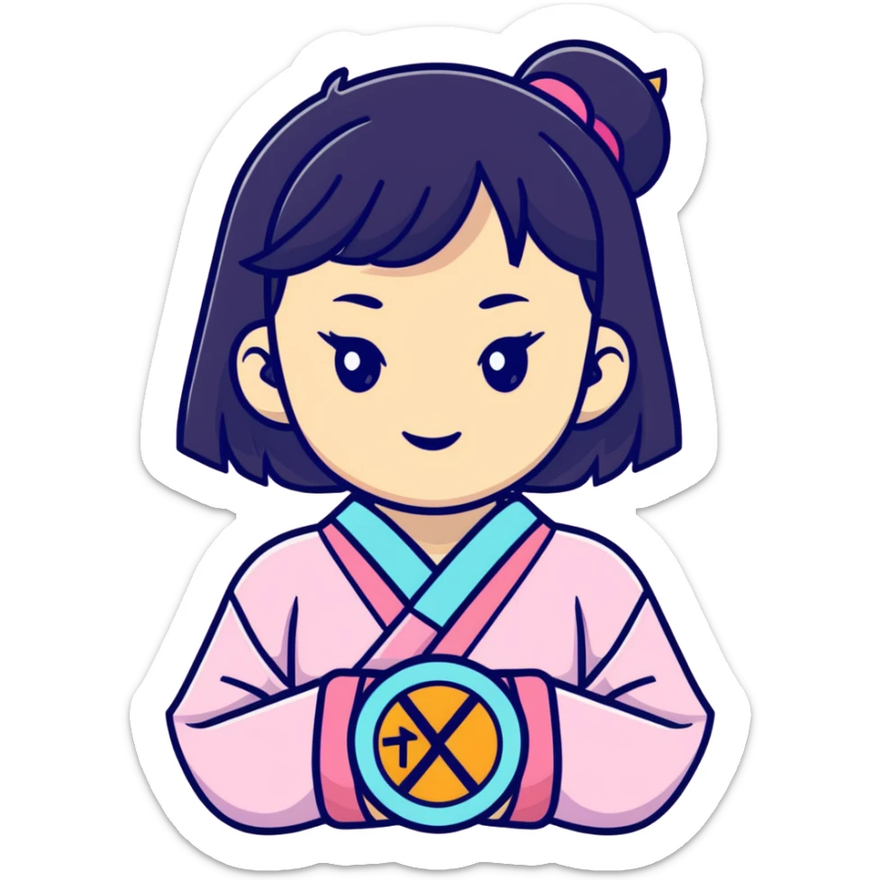 Vaporwave aesthetic Japanese girl with geometric background, retro 80s style, pastel colors, Japanese kanji text, digital sunset, nostalgic elements sticker