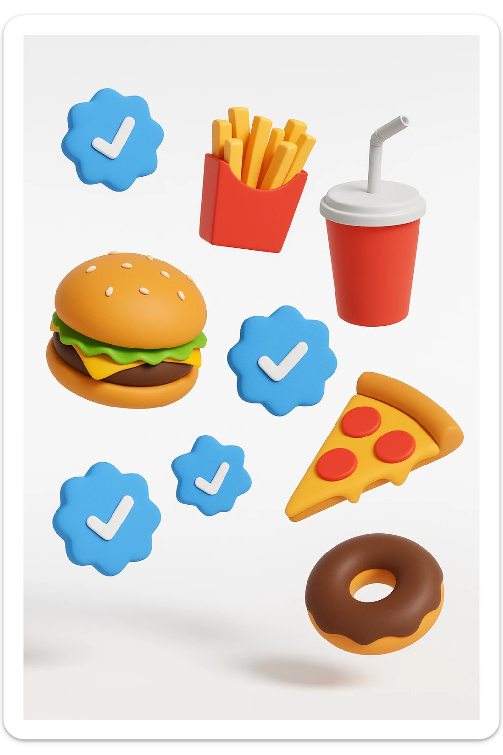 fast food fluttua in aria insieme a spunte di verificato in 3d, sfondo bianco sticker