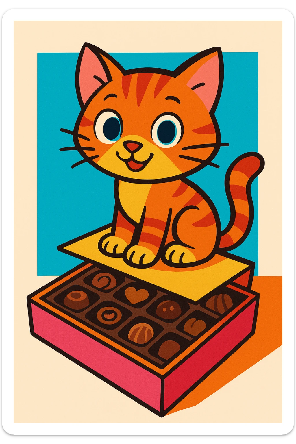 colorful cartoon style animated kitten sitting on a box of chocolates sticker