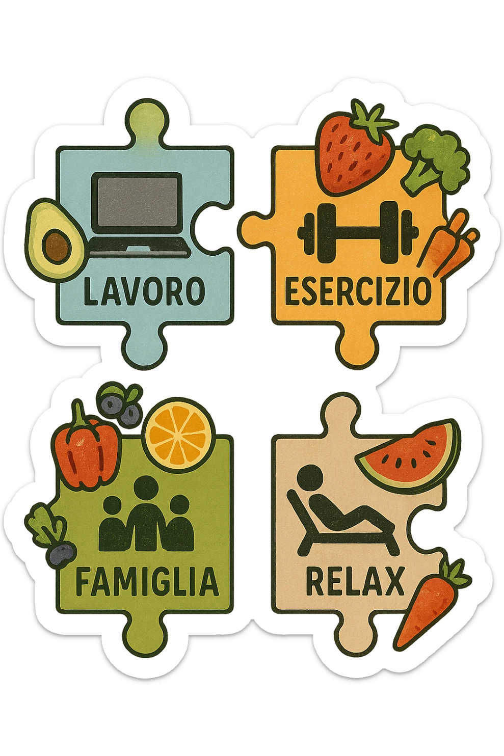 Puzzle (Lavoro, Esercizio, Famiglia, Relax), in lavoro metti icona di un PC, in Esercizio un Manubrio, in Famiglia una famiglia, in Relax qualcuno che riposa and healthy foods are integrated into each piece. in italiano sticker