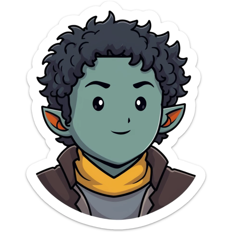 firbolg from DnD with gray skin, black curly hair, clean-shaven face, no beard sticker