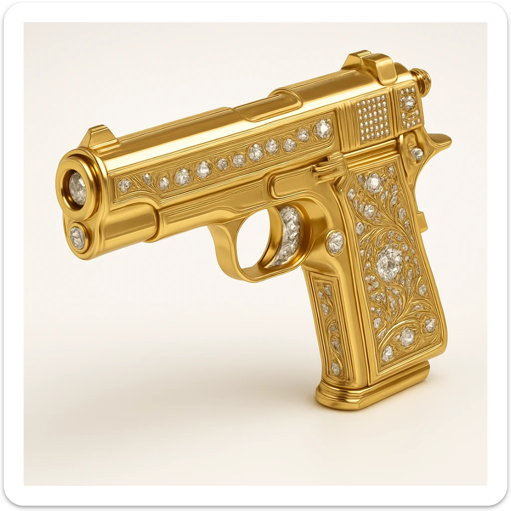 Add diamond details to the golden gun, keep it shiny and elegant, in gold objects style. sticker