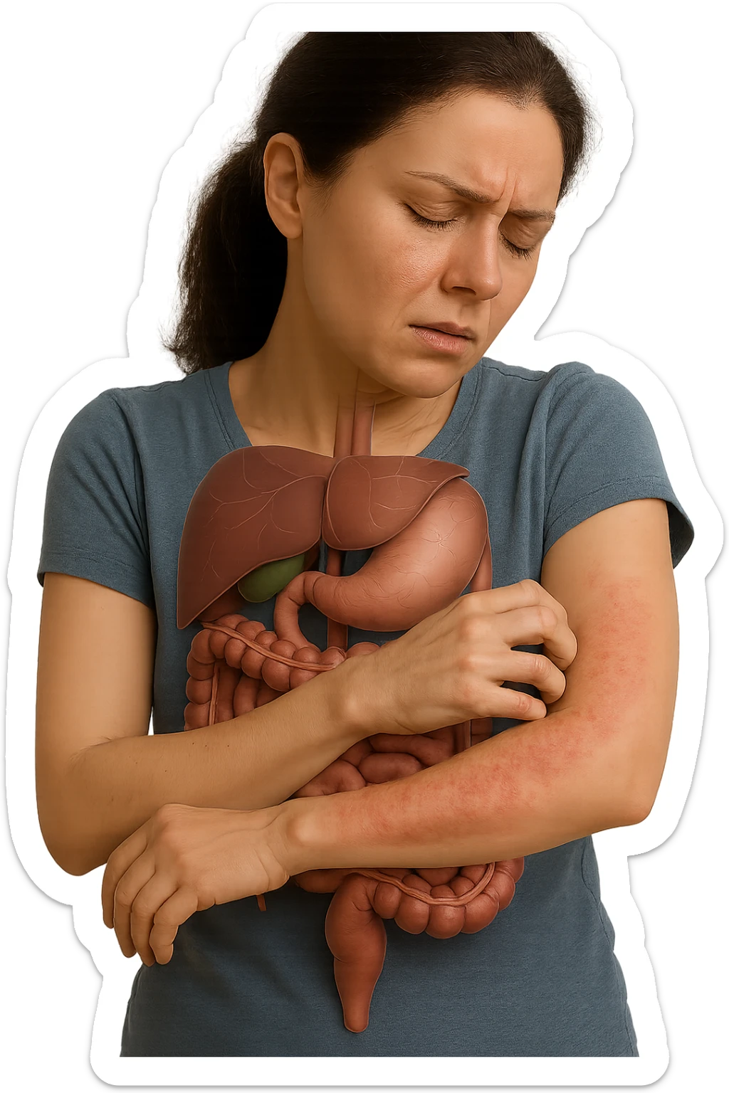 donna con intestino umano anatomico realistico che si gratta il braccio su cui ha un'eritema, iperrealistica 4k sticker