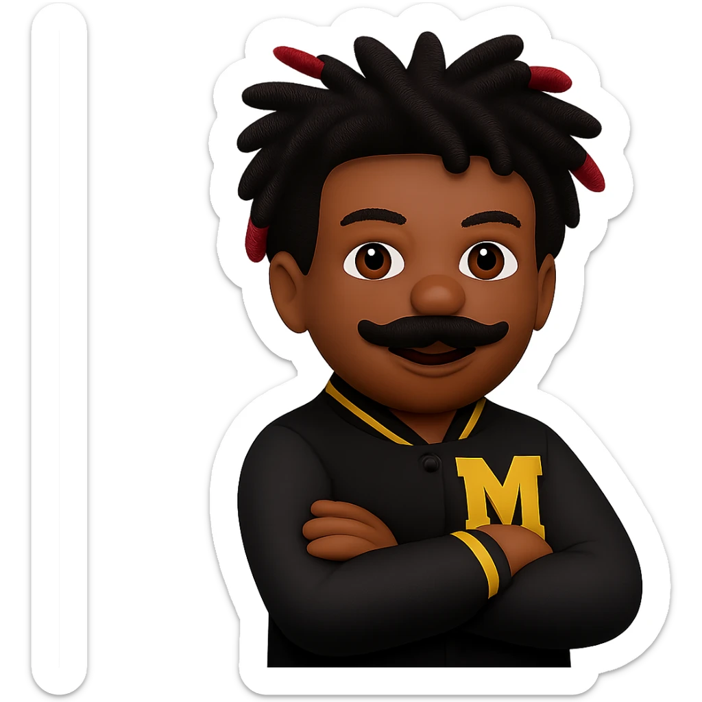 Add a mustache to the male African American emoji wearing a letterman jacket with an M on it, arms crossed and smiling. Keep the background transparent. Maintain the original style and details of the emoji. sticker