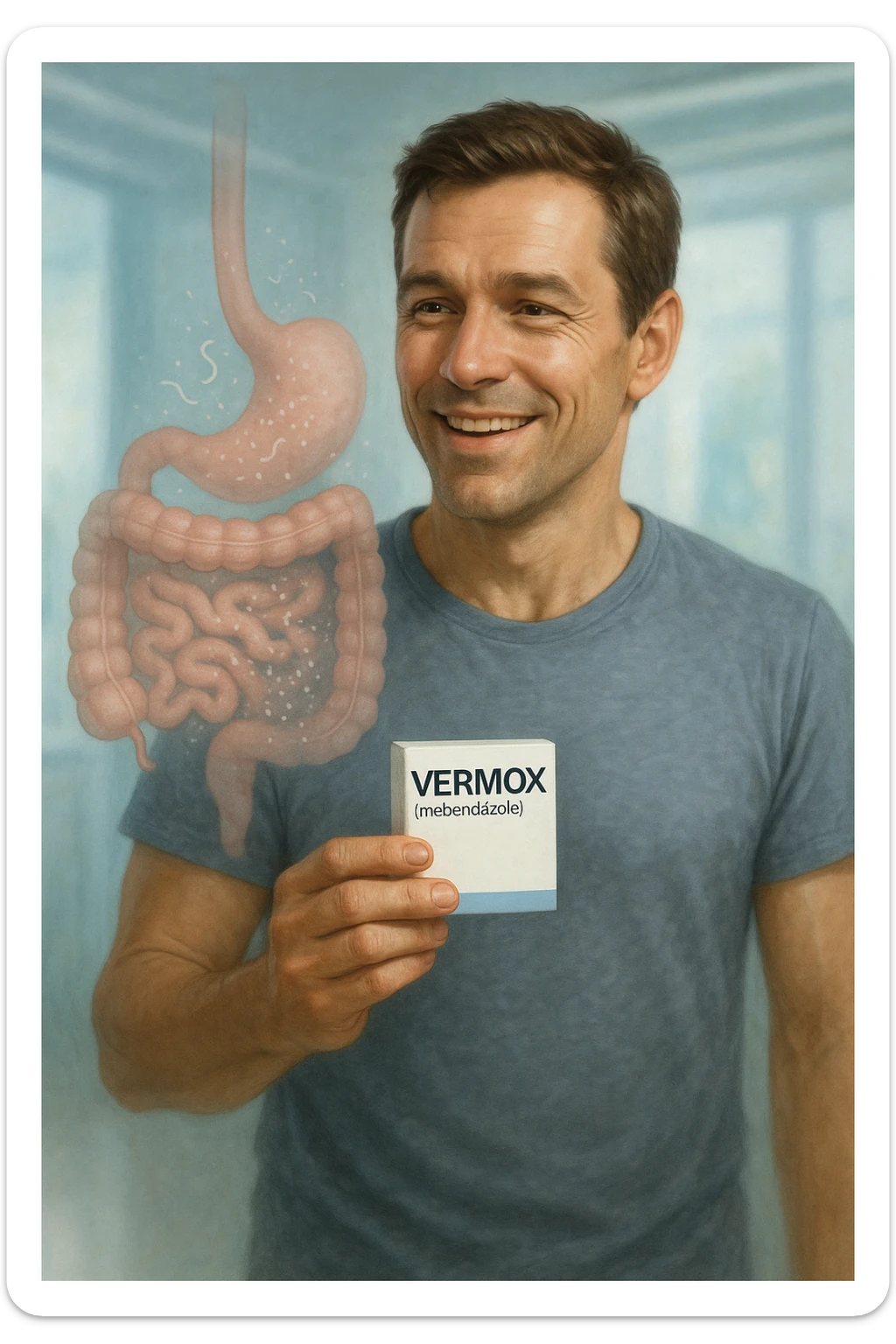 A realistic, cinematic illustration of a man in his late 30s holding a small white box of ‘Vermox’ (mebendazole) in one hand, with a relieved and hopeful expression on his face. Behind him, a semi-transparent overlay shows his digestive tract where small, symbolic worm-like parasites are dissolving and disappearing, indicating the medication’s effect. The environment is clean and bright, with a medical yet hopeful tone, conveying the concept of effective parasite removal. Subtle blue and green tones symbolize cleansing and health restoration, while the man appears energized and ready to reclaim his well-being sticker