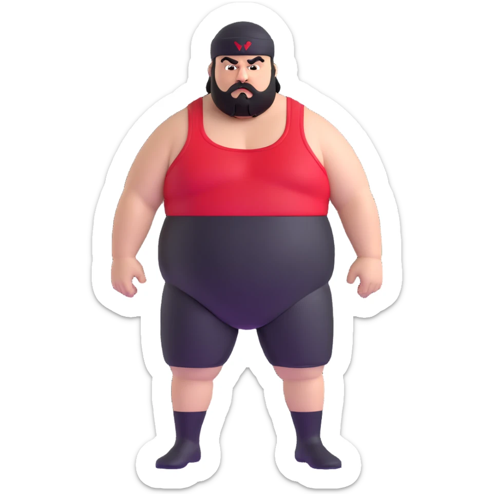 Extreme close-up of face of morbidly obese white skin guy with young face, prominent BLACK DURAG tied clearly on head, distinct black beard and mustache, black eyes in a red and black wrestling singlet with angry expression sticker