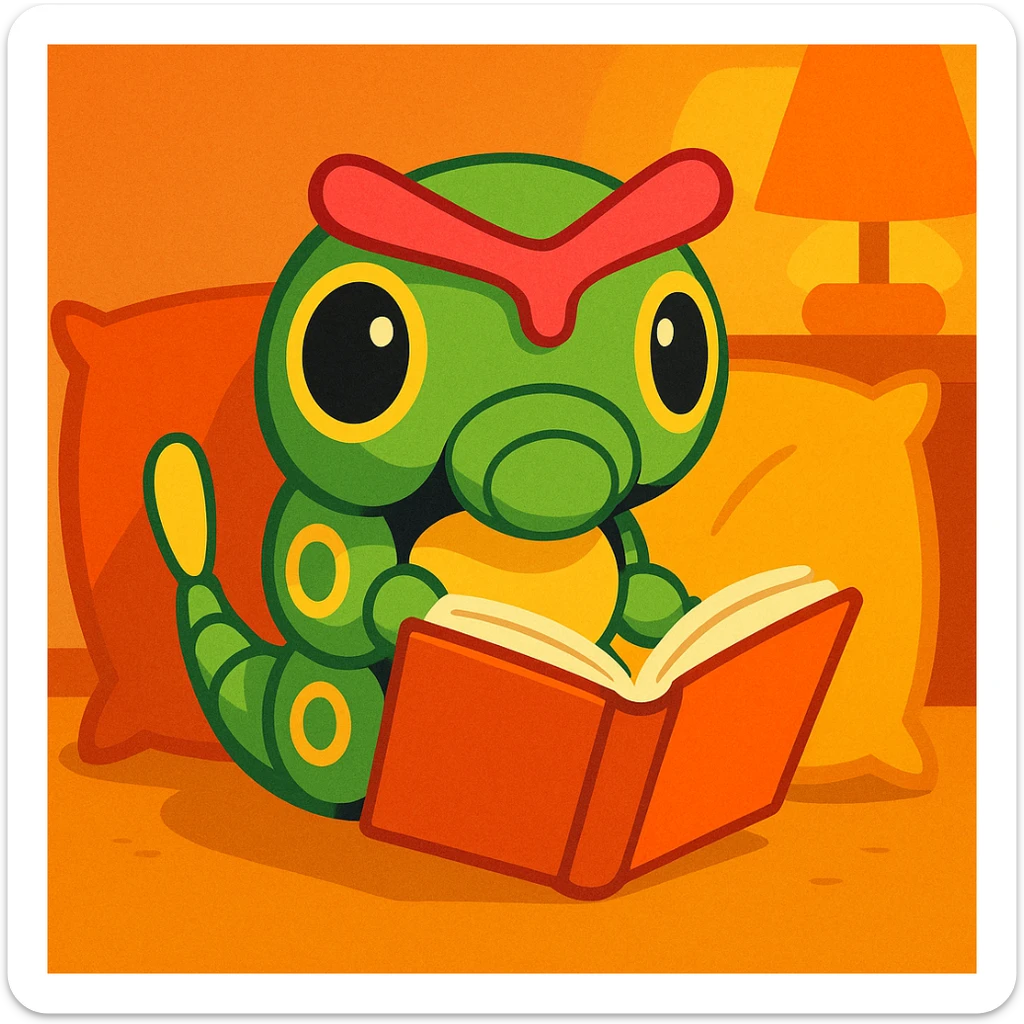 Caterpie reading a book, cozy cartoon style sticker