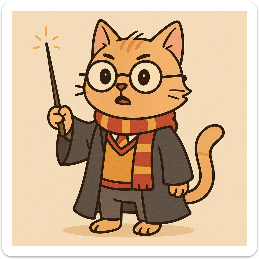 a cat as Harry Potter wearing wizard robes and holding a wand, cartoon style sticker