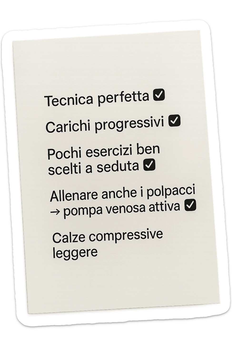FOGLIO DI CARTA PER L'ALLENAMENTO IN PALESTRA CON LA SCRITTA "Tecnica perfetta
 ✅ Carichi progressivi
 ✅ Pochi esercizi ben scelti a seduta
 ✅ Allenare anche i polpacci → pompa venosa attiva
 ✅ Calze compressive leggere" , IPERREALISTICA 4K sticker