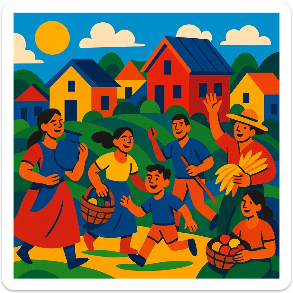 vibrant toon style village life with energetic colors, lively villagers, and stylized houses sticker