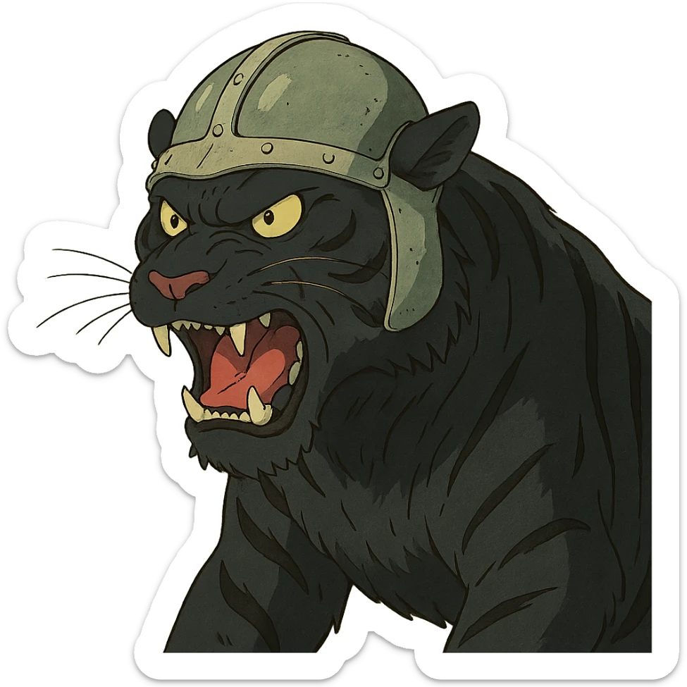 ghibli style illustration of a big black tiger, angry, wearing a helmet sticker