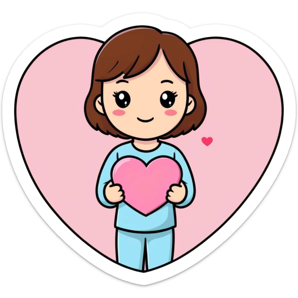 A girl with brown hair holding a pink heart sticker