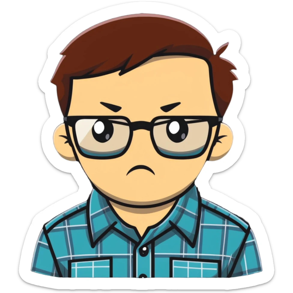 A stiff, uptight person with a scowling face looking fearful, wearing glasses and checkered shirt sticker