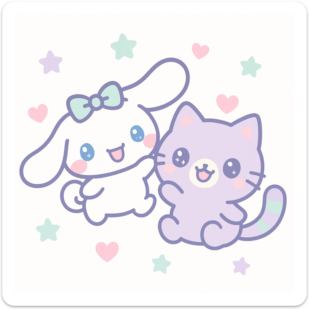 Cinnamoroll and a cute cat together, kawaii style, soft colors, big eyes, playful pose sticker