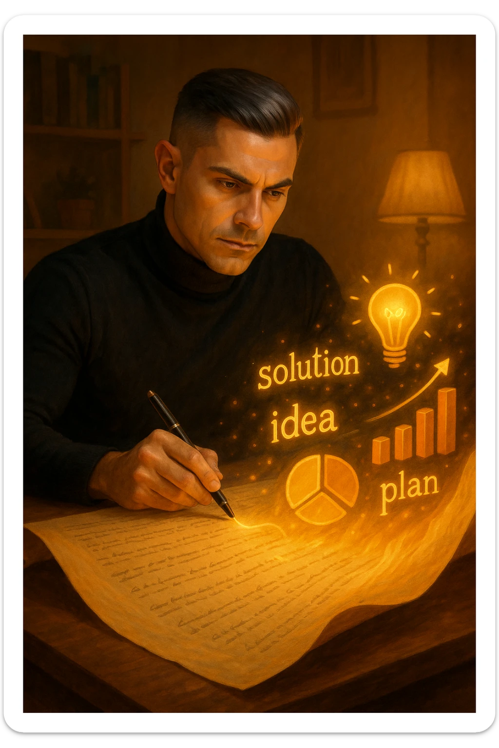 Un uomo concentrato, seduto alla sua scrivania in una stanza con luce calda, sta scrivendo su un enorme foglio di carta che si espande magicamente davanti a lui. Mentre scrive, le parole si trasformano in elementi visivi tridimensionali che rappresentano le soluzioni ai suoi problemi sticker