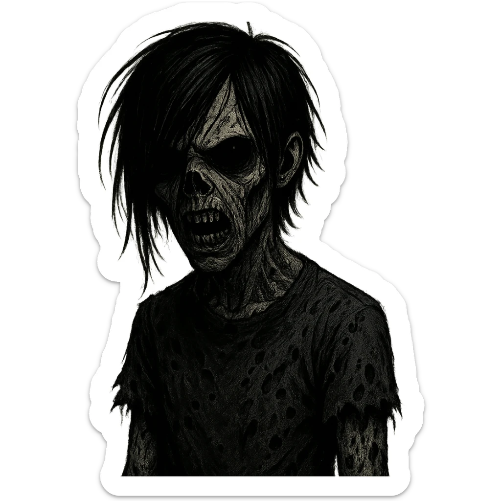 boy zombie with black hair, emo style, creepy, long hair, scary, black eyes, black skin, more intense expression sticker