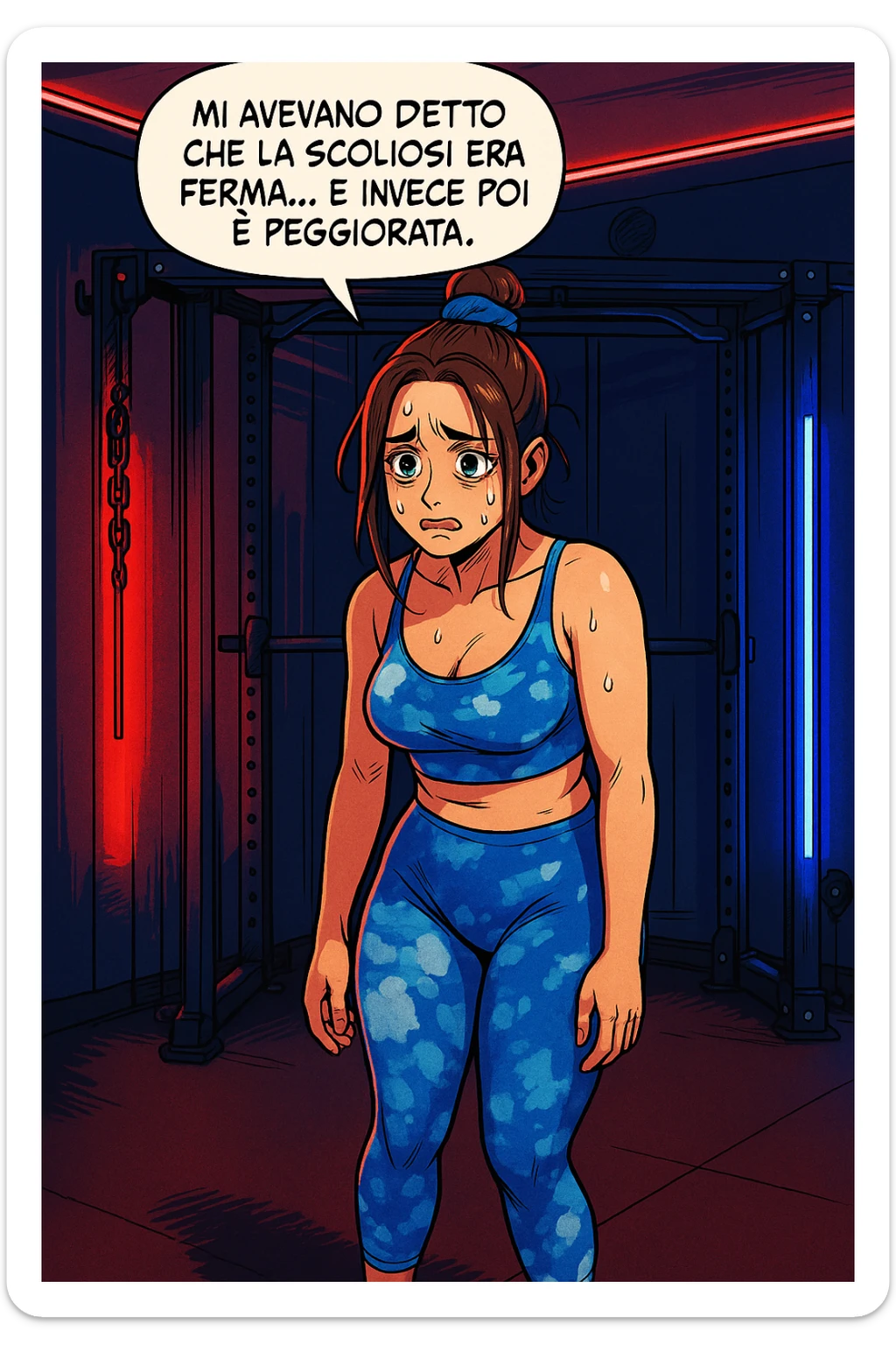 fai questa immagine in versione fumetto/manga/webtoon a colori, il manga mostra la donna disperata con un fumetto sulla testa che dice:
Mi avevano detto che la scoliosi era ferma… e invece poi è peggiorata.
 sticker