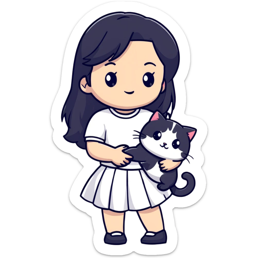 A beautiful girl with long black hair wearing a white skirt holds a cute white cat in her arms sticker