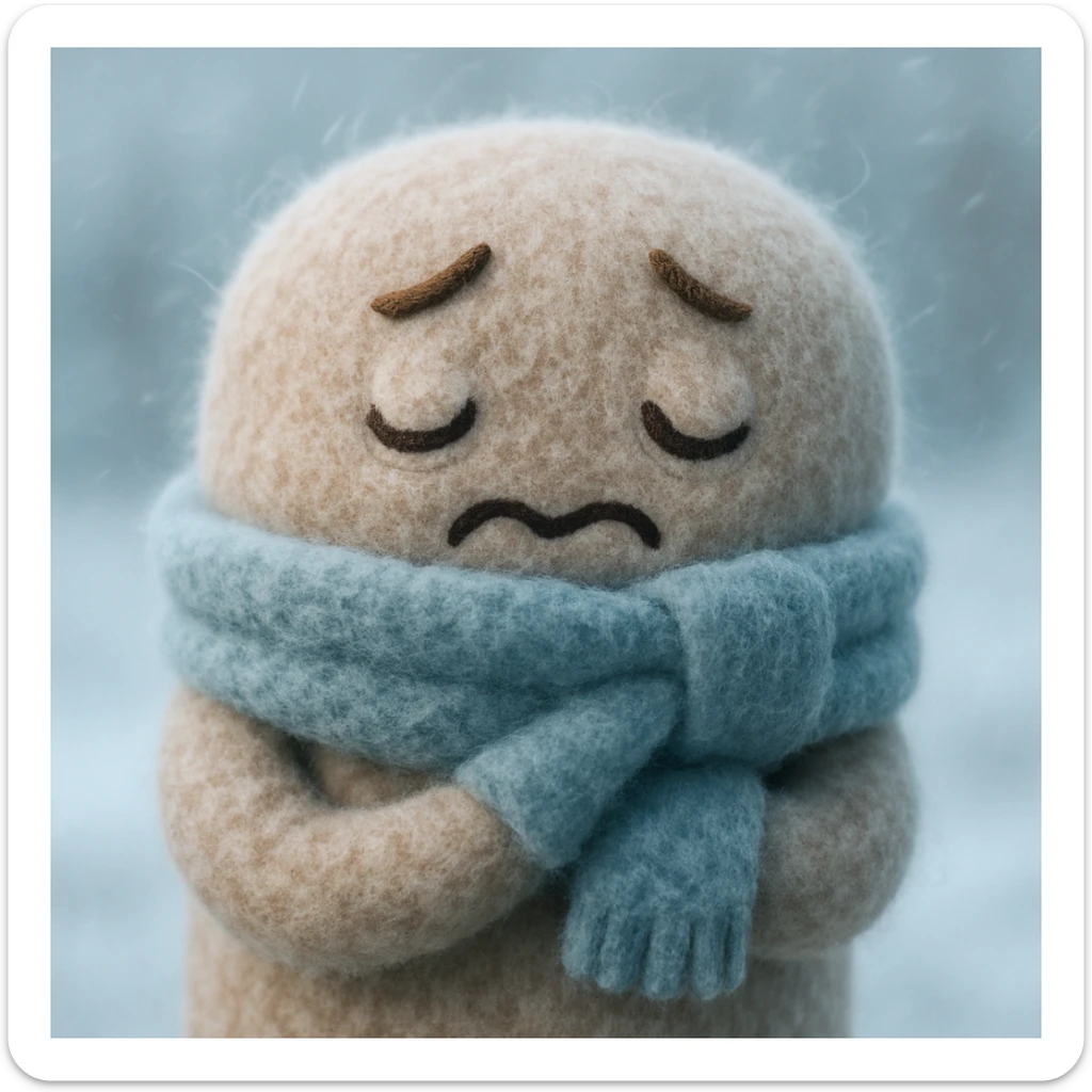 plush face, scarf up to nose, shivering, frosty air, cold weather, soft and cuddly sticker