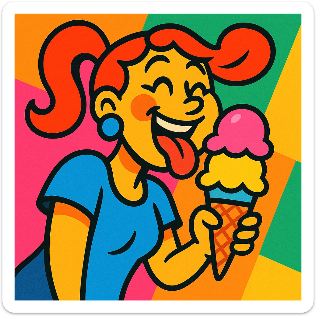 a woman licking an ice cream cone, vibrant and expressive, colorful vibrant toon style illustration sticker