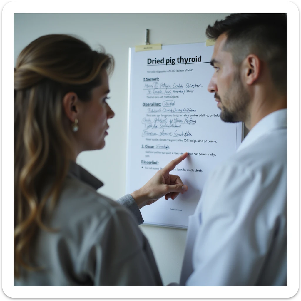 woman discussing with the doctor, pointing to 'Dried pig thyroid' on a list of medications, clinical environment, serious expressions, hyperrealistic 4K sticker