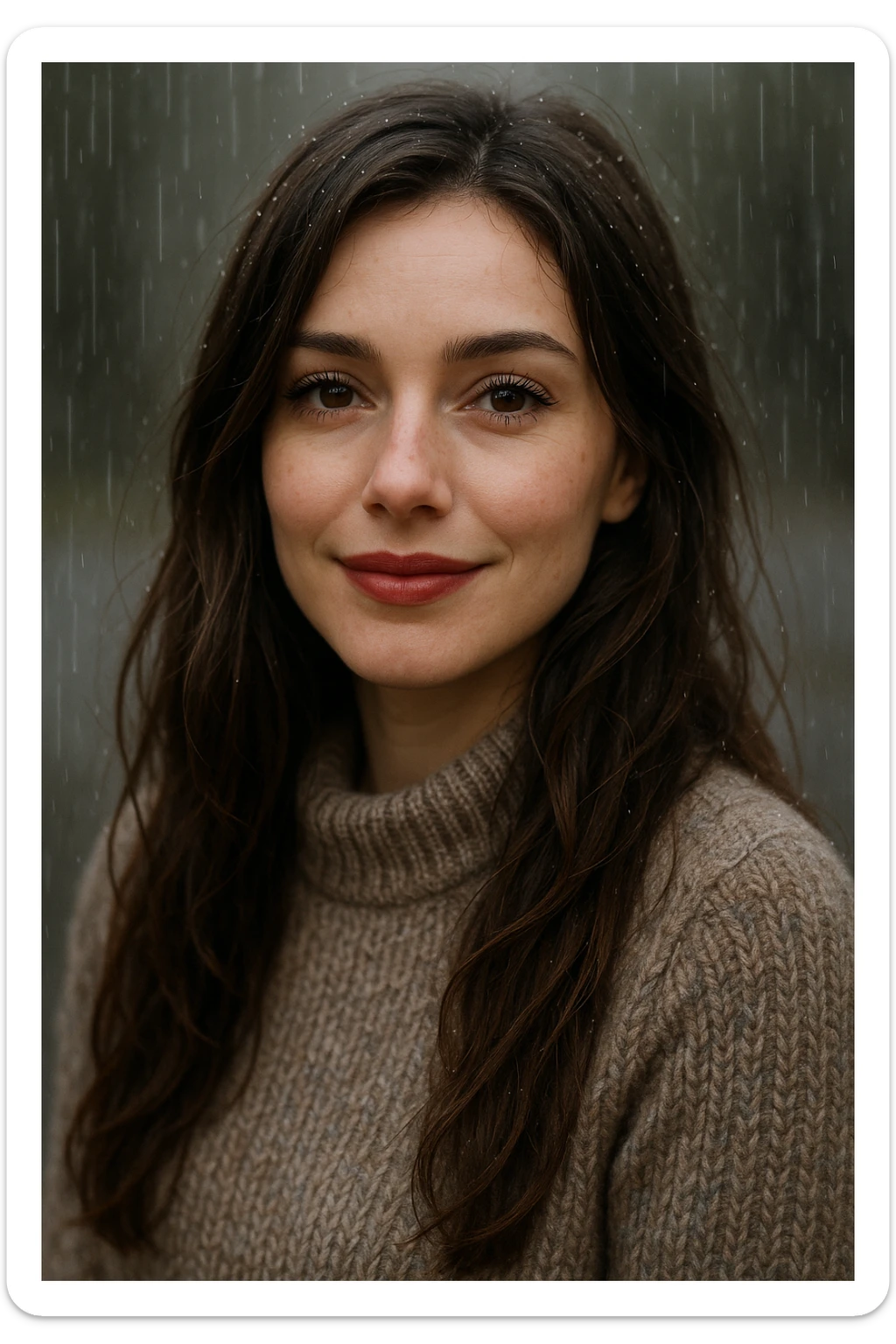 white woman with long brown hair and brown eyes, wearing a sweater, smiling in the rain, with long eyelashes and red lips sticker