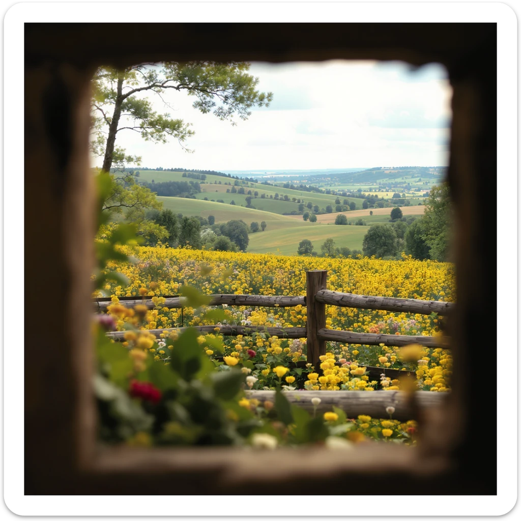 "Two shot" in the foreground, blurred plants in the foreground (frame within a frame), a wooden fence and colorfull flowers in the midground, Poland, rolling hills in the background, cinematic depth of field, layered composition, natural lighting sticker