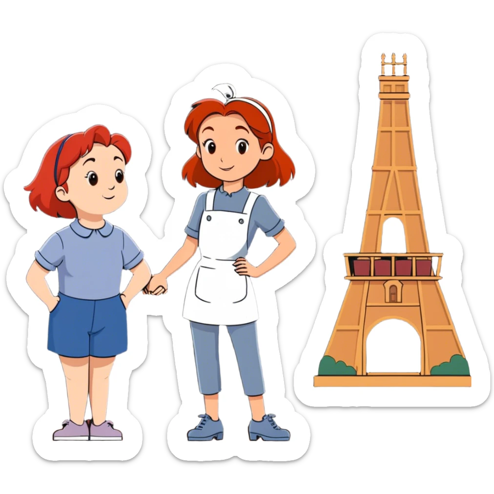 Two girls at Disney land one that is tall with red hair and one that is short with brown hair stays next to ratatouille ride  sticker