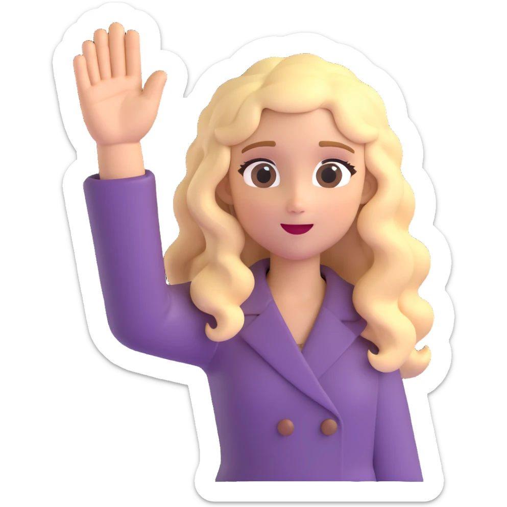 cute blonde girl with long curly hair, hand raised to signal stop sticker