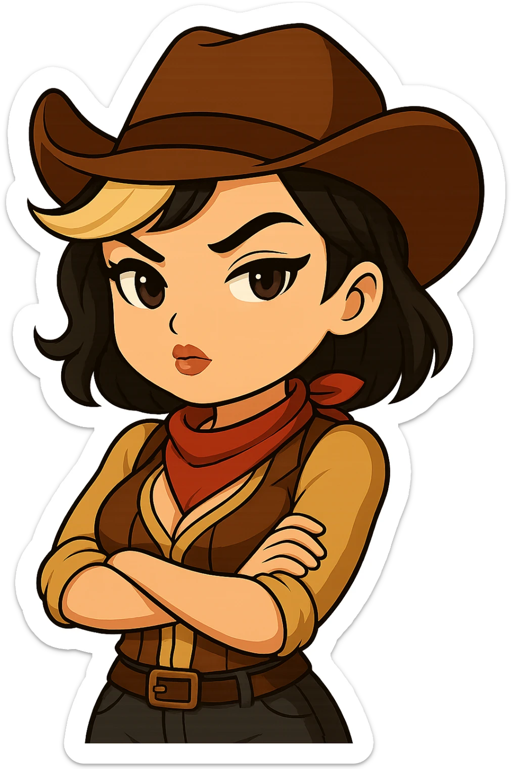 Chibi cowgirl with short hair and a blonde streak, wearing a cowboy hat and western outfit, no guns. Pose: arms crossed, determined and sultry expression, more feminine curves. Chibi/anime style, transparent background, sized for Twitch or Discord use. sticker