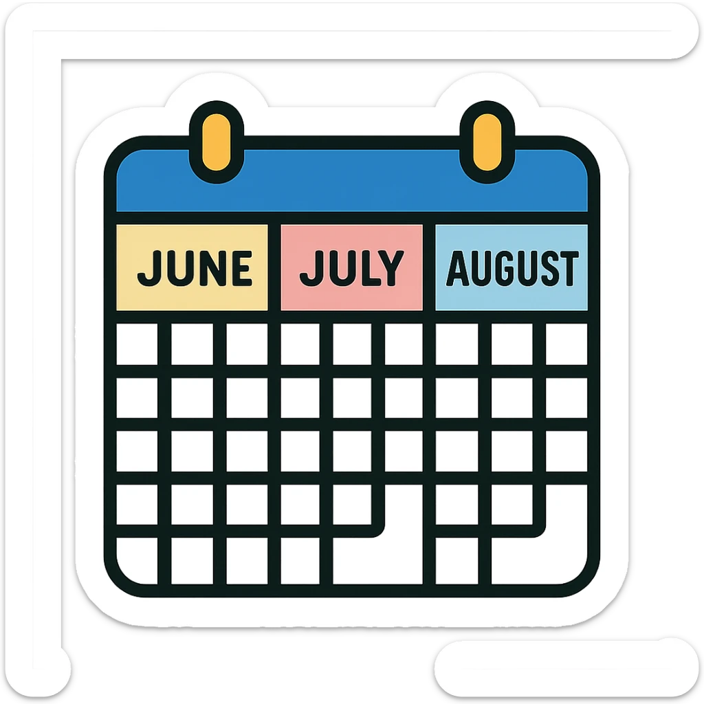 icon of a three-month calendar, month names June, July, August, minimalistic, clear grid, subtle color highlights sticker