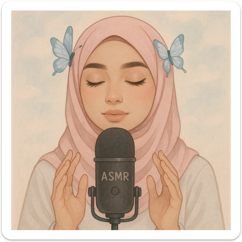 a girl with a pink hijab styled fashionably, butterfly hairclips on both sides, ASMR creator theme, soft and calming vibe sticker