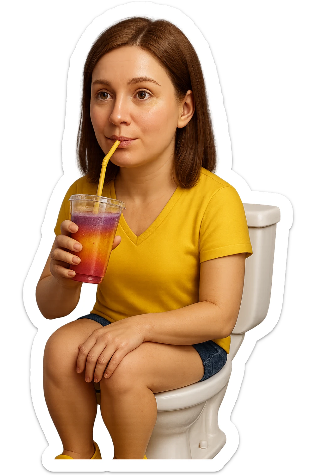 emoji stile iphone di una donna seduta sul wc che beve uno smoothies colorato, iperrealistico 4k sticker