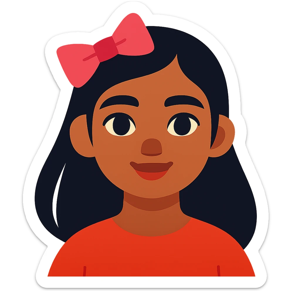 aesthetic portrait of a Sri Lankan girl with dark-ish but light skin, black hair, dark brown eyes, button nose, cute pink bow sticker