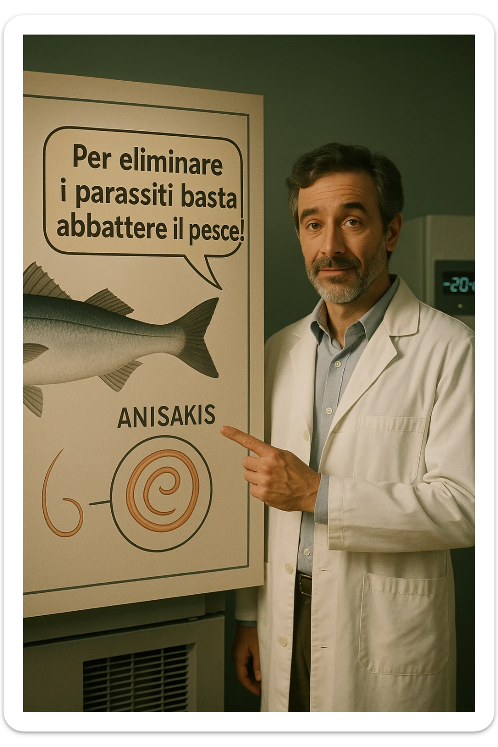 cinematic a scientist in a white lab coat stands beside a large poster showing a fish and a diagram of the Anisakis parasite. The scientist points to a speech bubble that says, “Per eliminare i parassiti basta abbattere il pesce!” In the background, a blast freezer is visible, with a temperature gauge set to -20°C. The mood is informative and reassuring. In italiano sticker