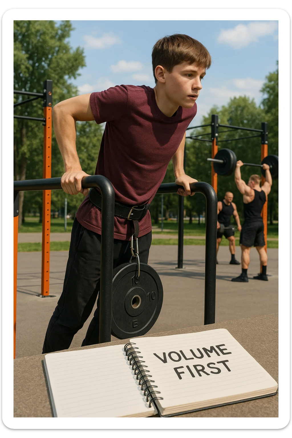 Atleta neofita giovane in un parco attrezzato per streetlifting, fisico ancora in fase iniziale. È intento a eseguire molte ripetizioni di esercizi a corpo libero con pesi leggeri (zavorra moderata), come trazioni e dip su parallele. Accanto a lui un taccuino di allenamento con la scritta 'Volume First'. L’atmosfera è luminosa e motivante, con altri atleti più muscolosi che sollevano carichi pesanti, ma lui è concentrato sul gesto tecnico e sulla costanza. Stile realistico, colori naturali, messaggio educativo su priorità all’adattamento progressivo e al volume. sticker