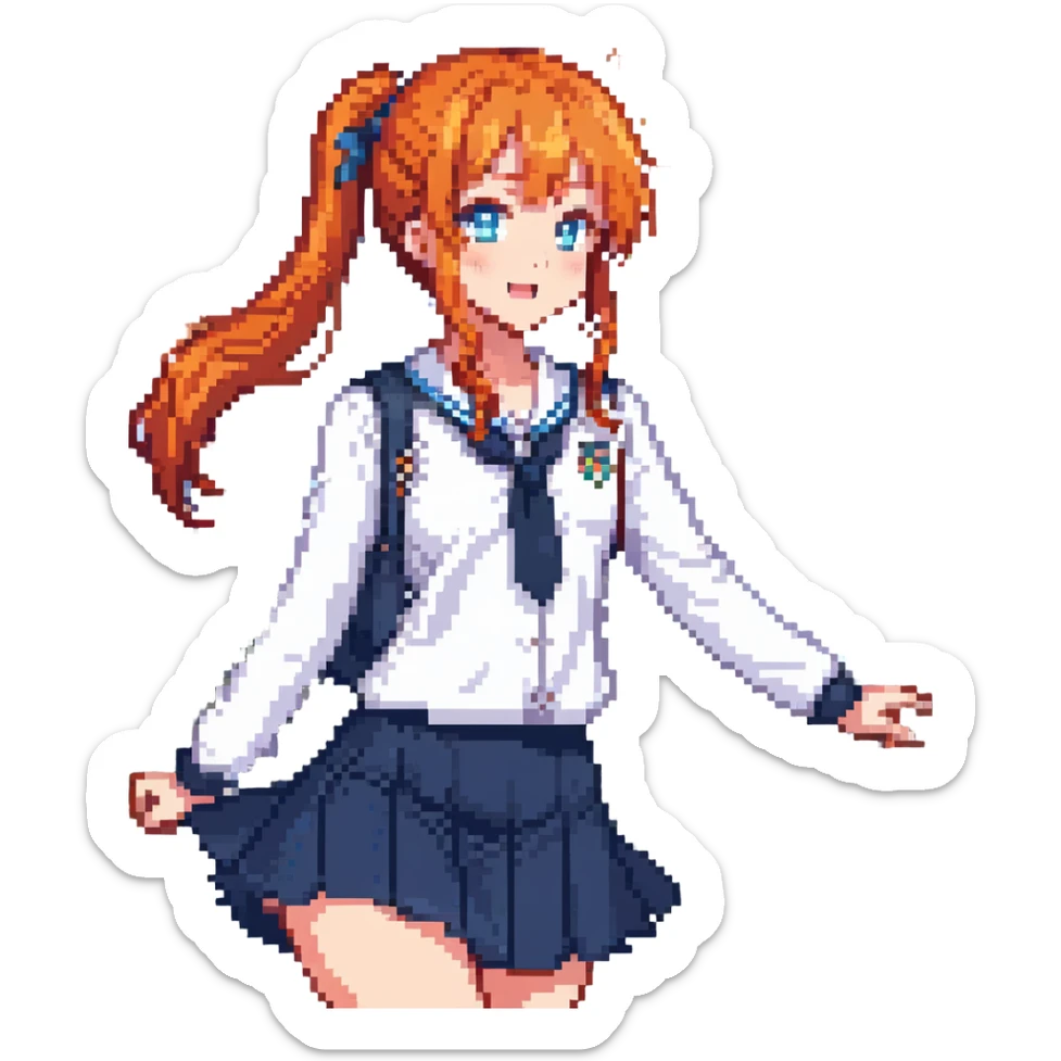 anime girl in school uniform, orange hair in side ponytail, blue eyes, standing in a courtyard with cherry blossom petals, skirt and hair fluttering in breeze, cheerful expression sticker