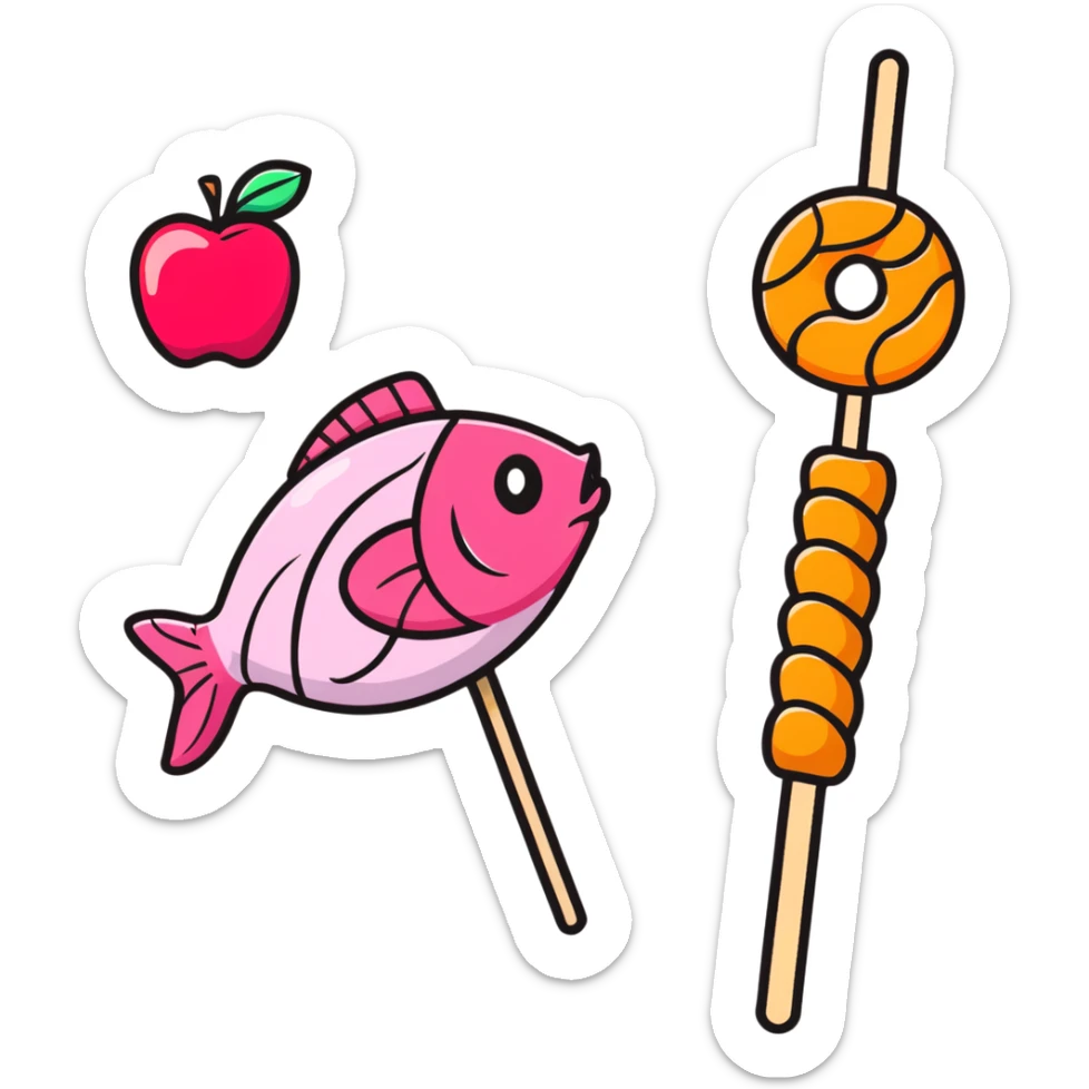 A cute arrangement of red apple, fish cake with pink swirl, rice cracker, and tri-colored dango skewer as a food snack collection sticker