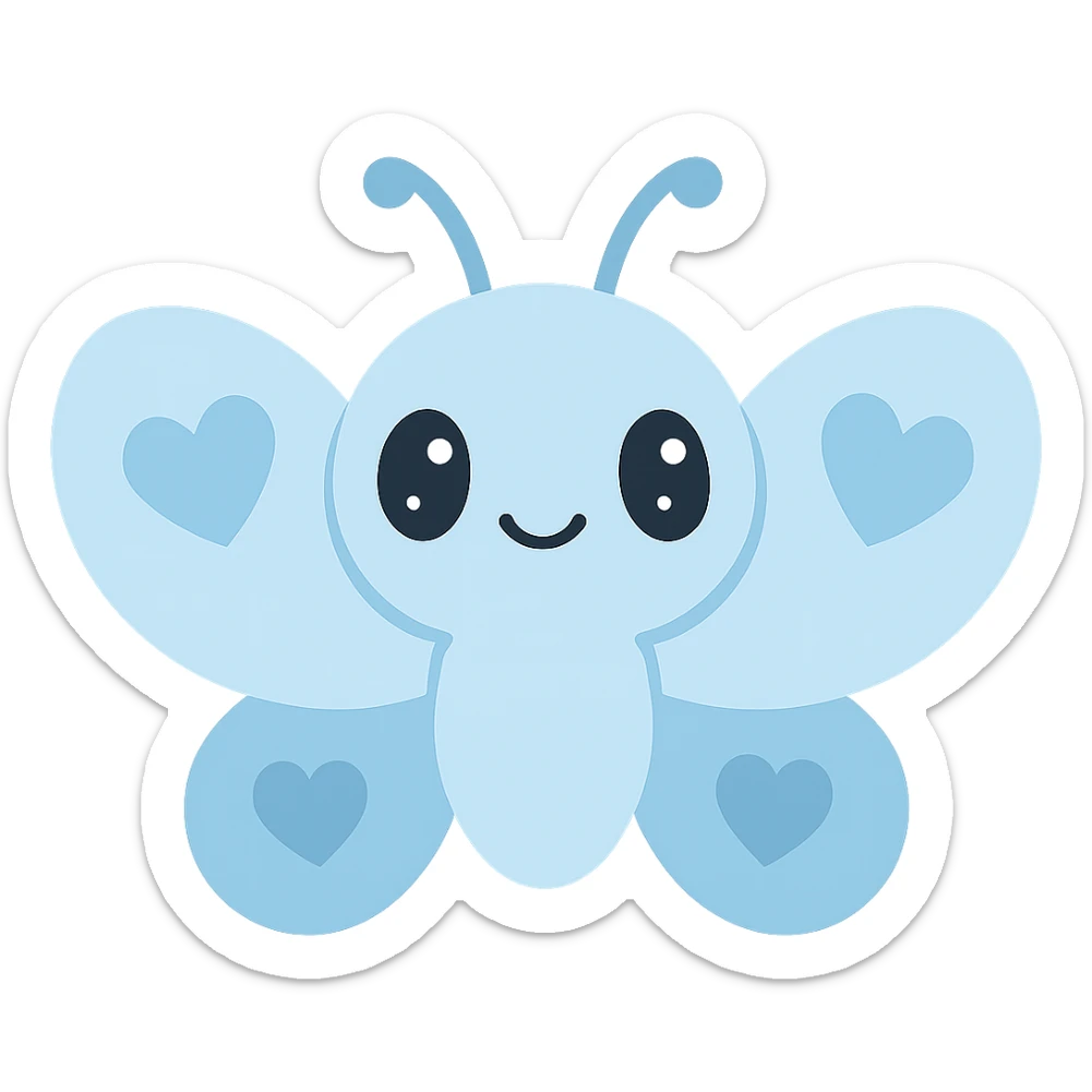blue butterfly with blue hearts on its wings, cute cartoon style sticker