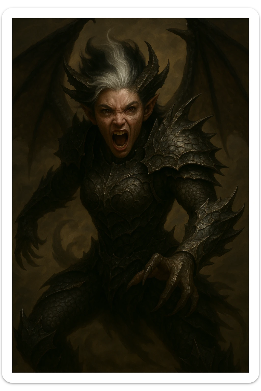 Make the character a girl, keep hybrid human-dragon features, with silver hair fading to black at the top, in a dynamic pose. Capture the energy and movement of the pose with the hybrid fantasy elements. sticker