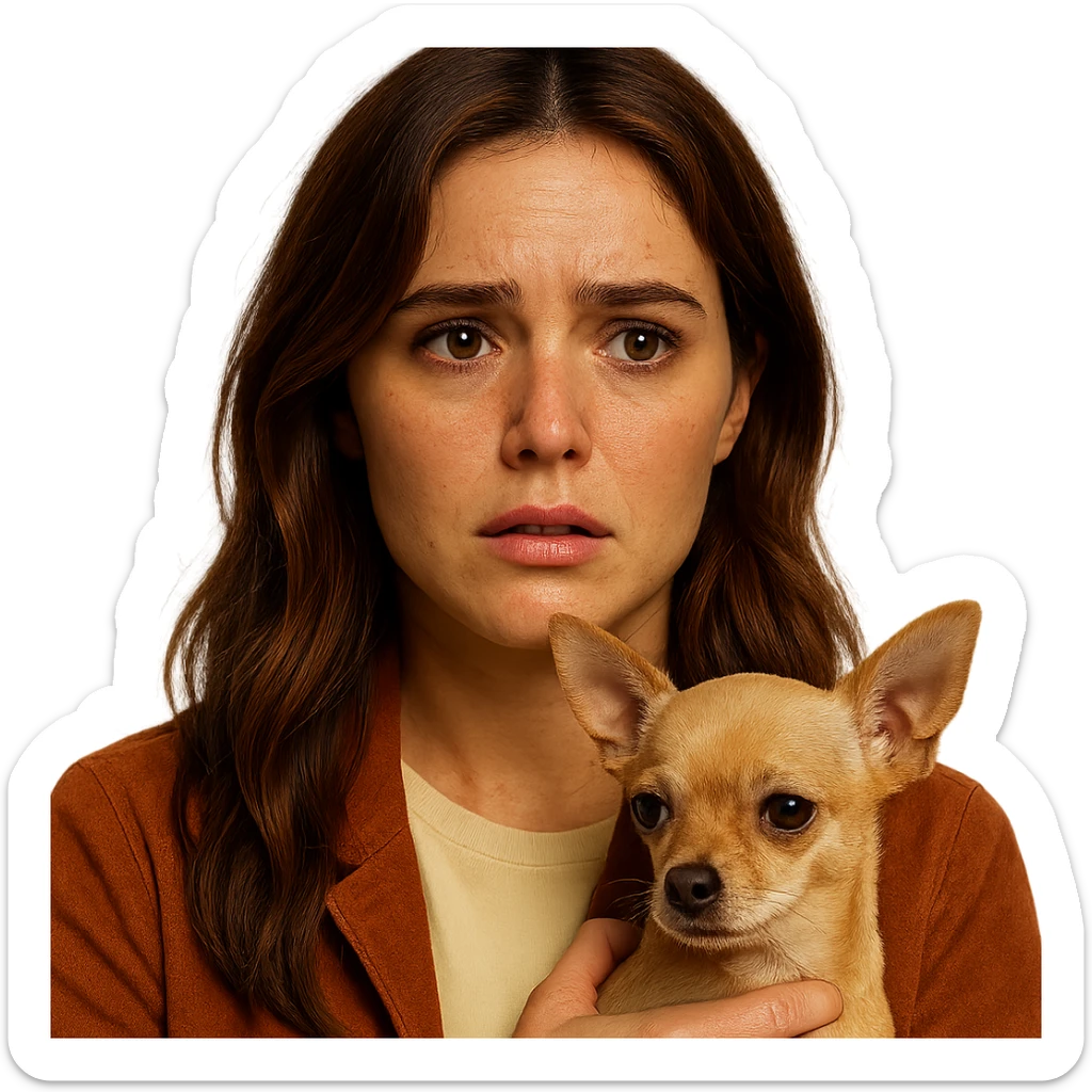 Portrait for Instagram profile picture inspired by the facial features visible in the reference images, with a tanned complexion, subtle freckles, wearing a shirt color #FFF8CA and a rust-colored jacket, medium-length brown hair with auburn highlights, anxious and worried expression, holding a beige-brown chihuahua, in the style of a Netflix series, intimate Tenerife ambiance, transparent background. sticker