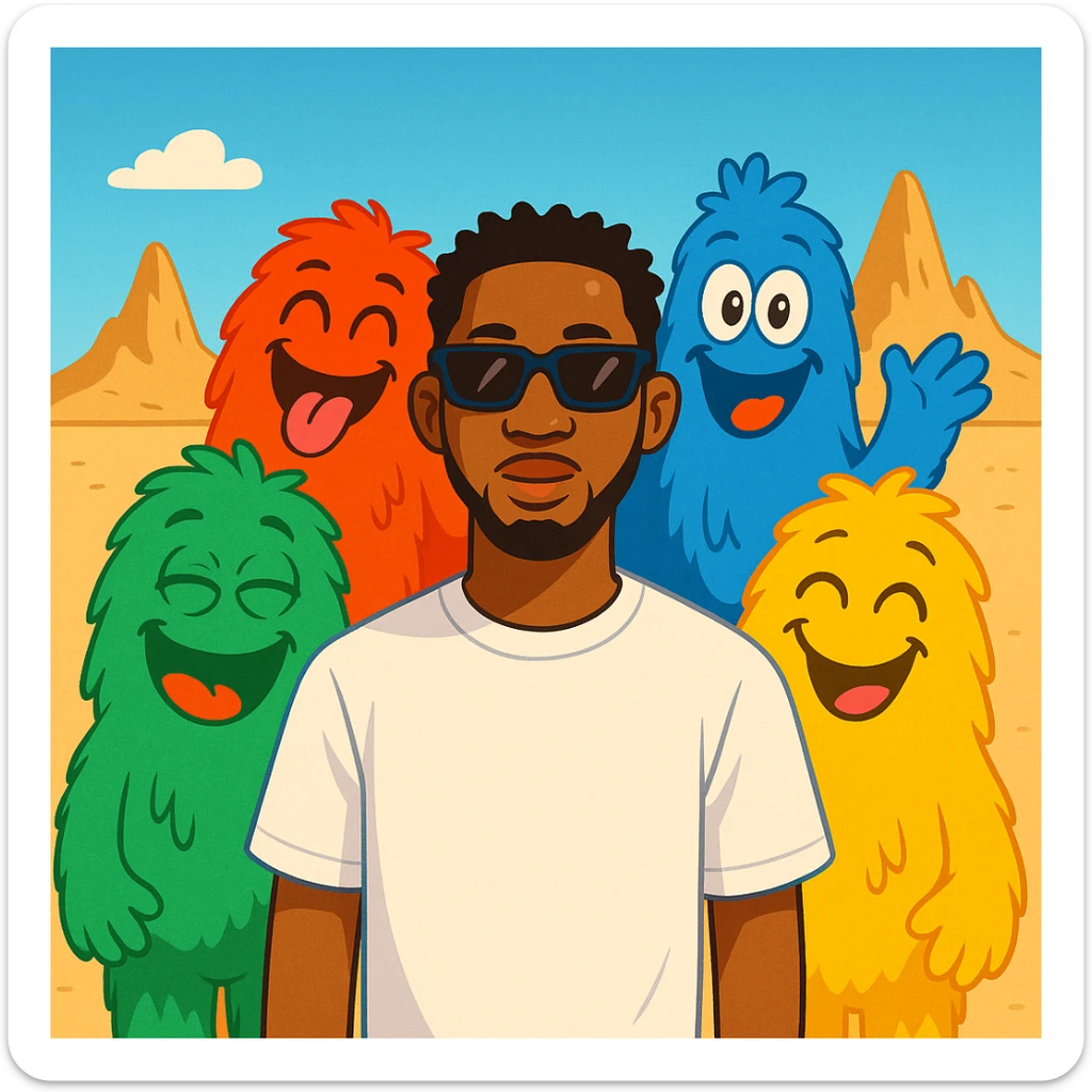 Add the four colorful furry background characters (green, red, blue, yellow) from the 'WITH YOU' album cover behind Omah Lay in a cartoon emoji style, making them fun and expressive. The style should resemble colorful cartoon emojis with a playful and lively vibe. sticker