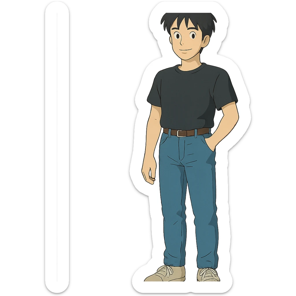 man in jeans and black t-shirt, standing, black hair, transparent background, ghibli style sticker