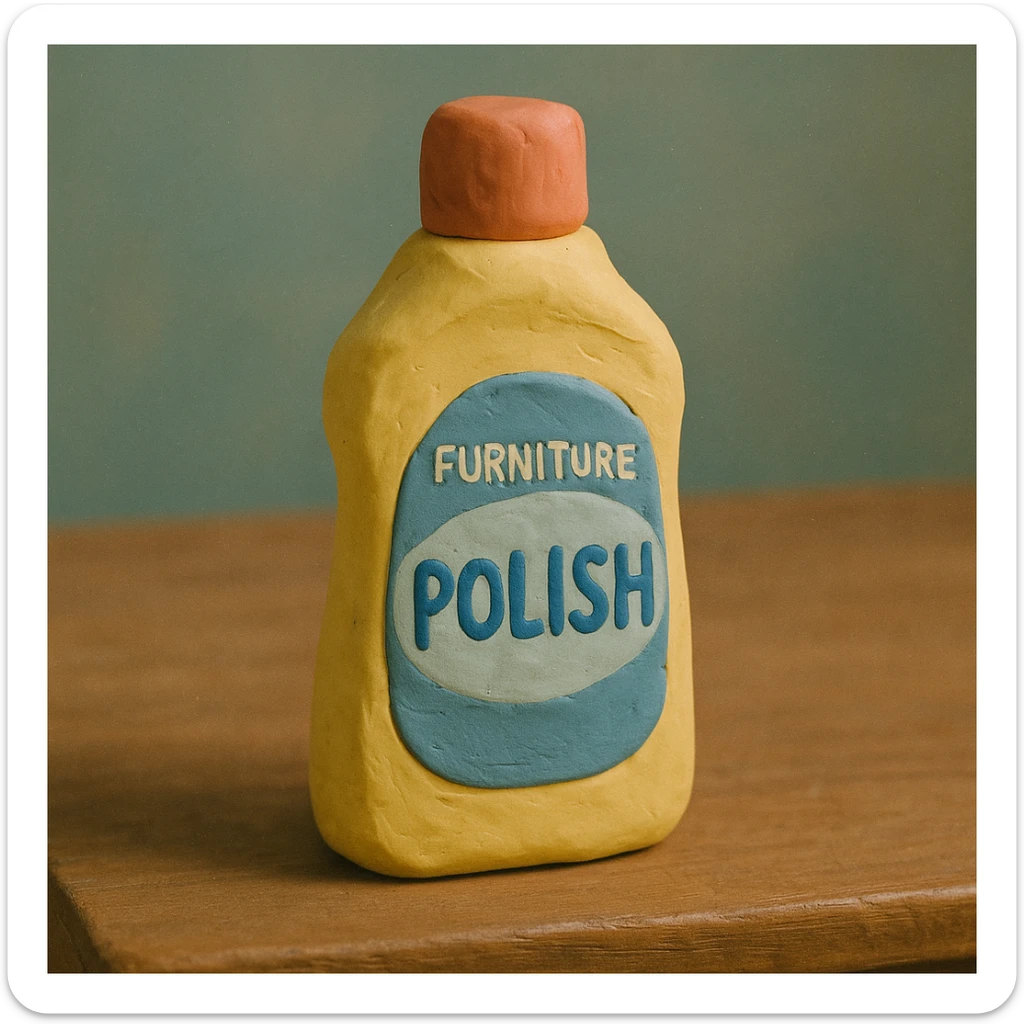claymation style close-up of Pledge-like furniture polish bottle on a wooden table, soft lighting, pastel colors sticker