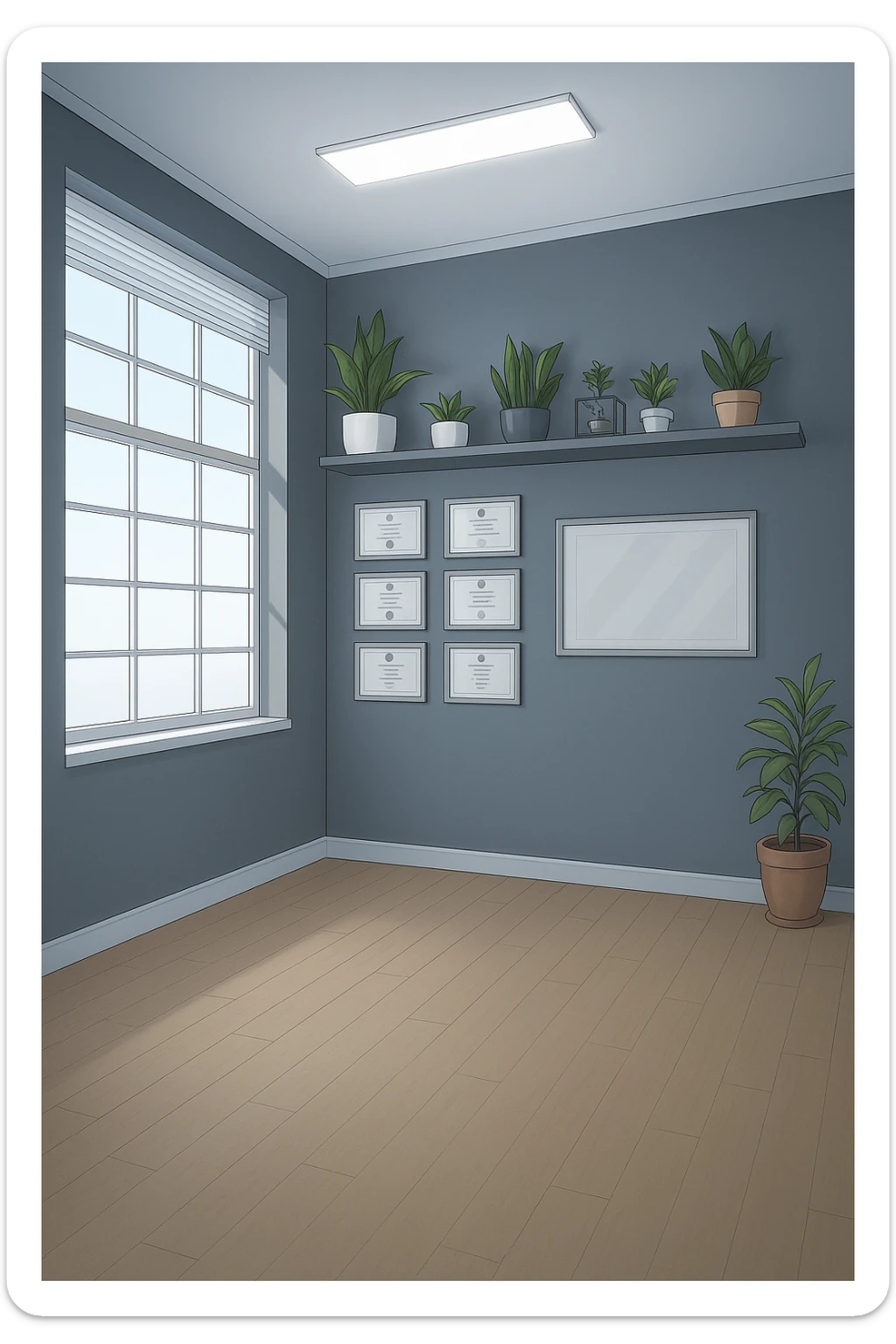 faMMI QUESTA STANZA STILE MANGA/WEBTOON A COLORI SENZA LE PERSONE E SENZA LETTINO, SOLO LA STANZA. FALLA MOLTO PIù LUMINOSA CON LUCI PIù FREDDE E MODERNE, NON LUCI GIALLE sticker