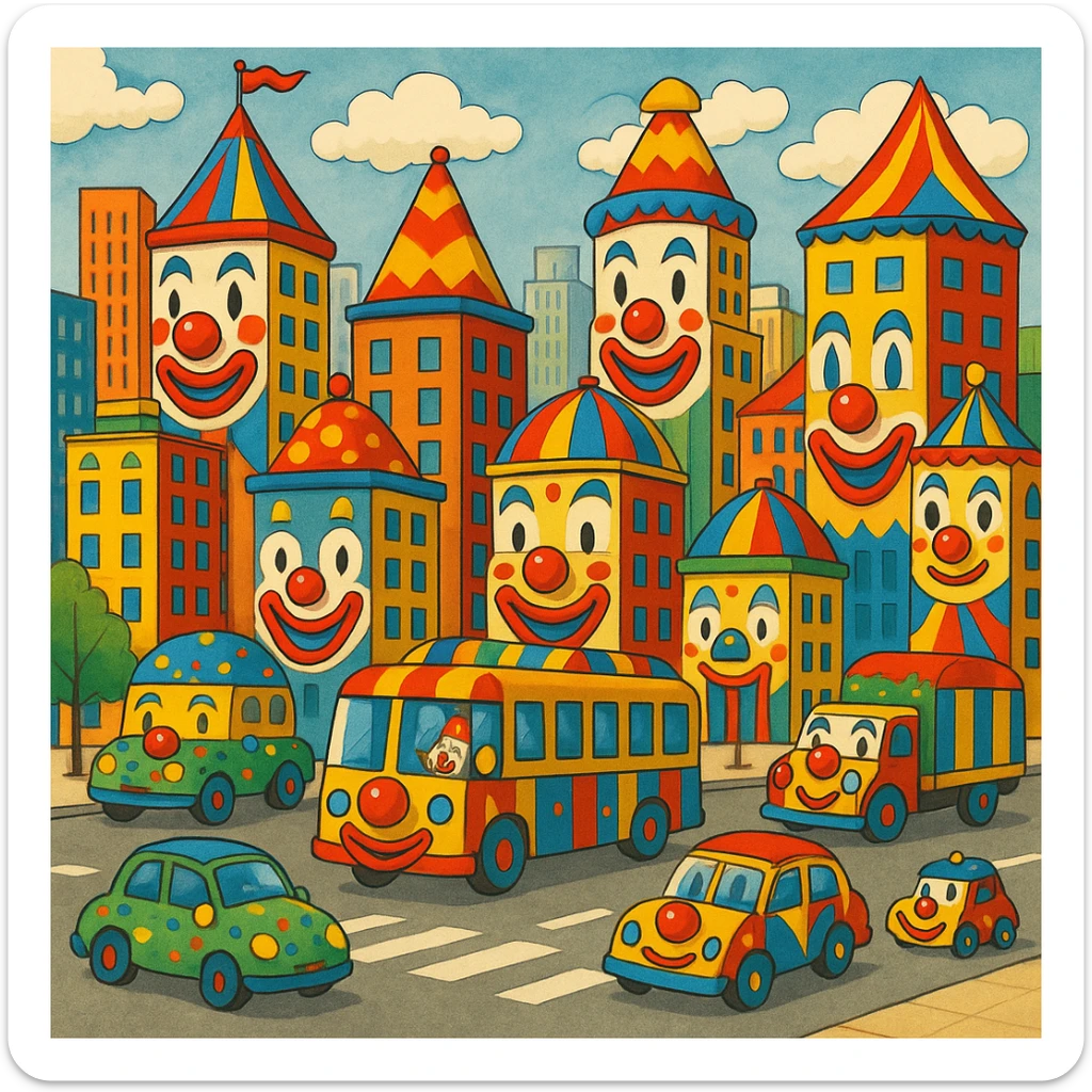 a cityscape where all buildings and vehicles have clown faces and circus colors, playful and absurd sticker