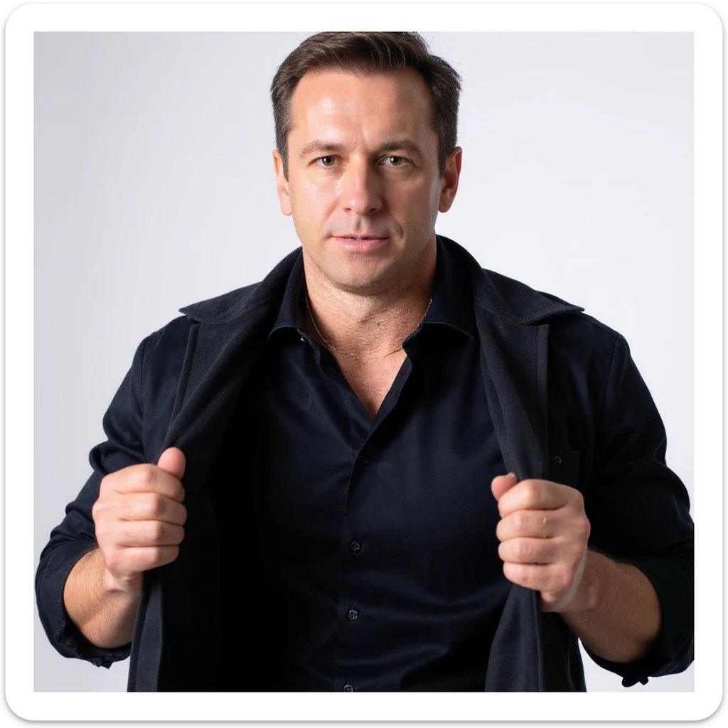 A very realistic image of a man holding clothes made of petroleum and rejecting them with a determined expression that communicates they are not good. Natural details, neutral atmosphere, vertical format 2:3. sticker