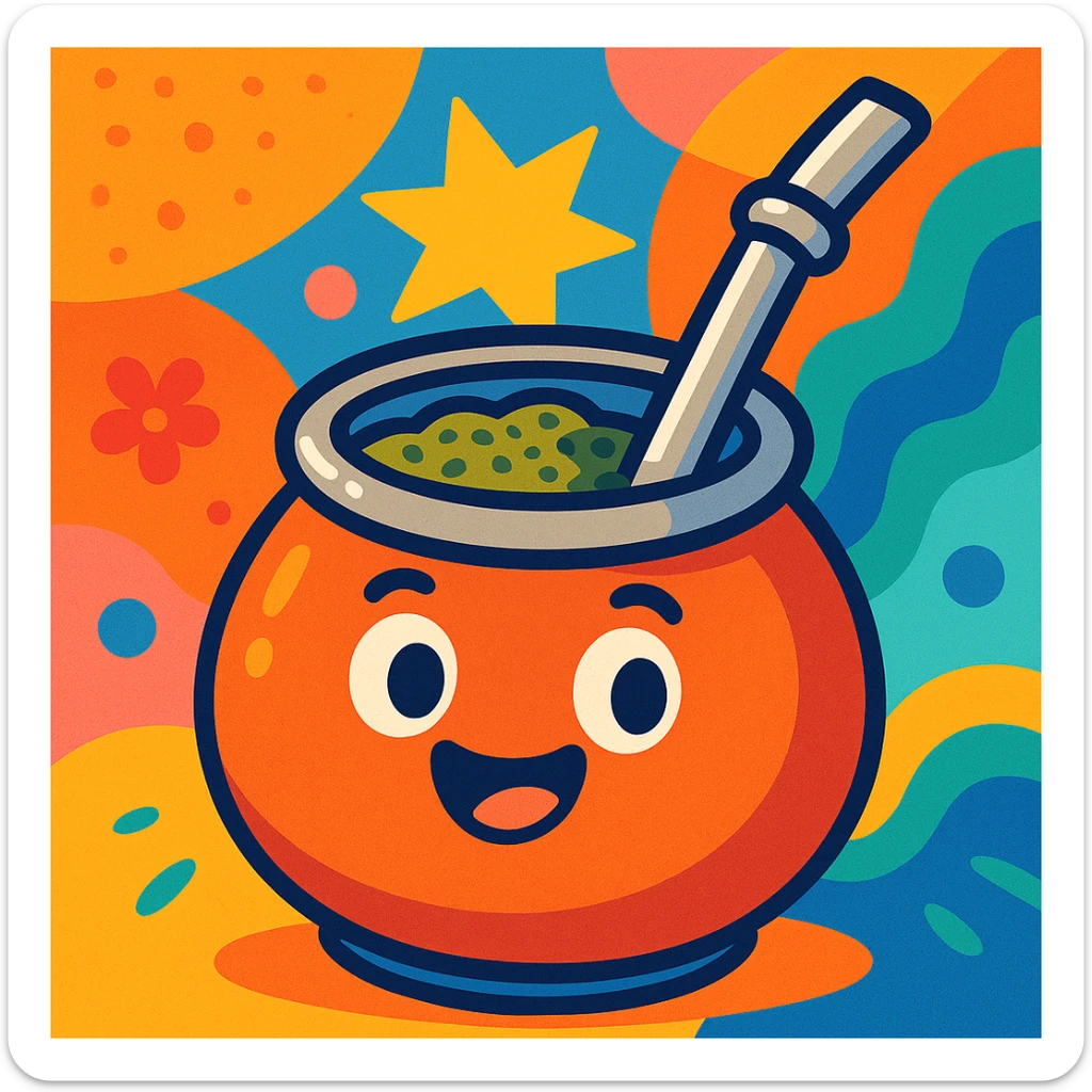 cartoon style smiling mate tea cup with green tea and bombilla, colorful background sticker