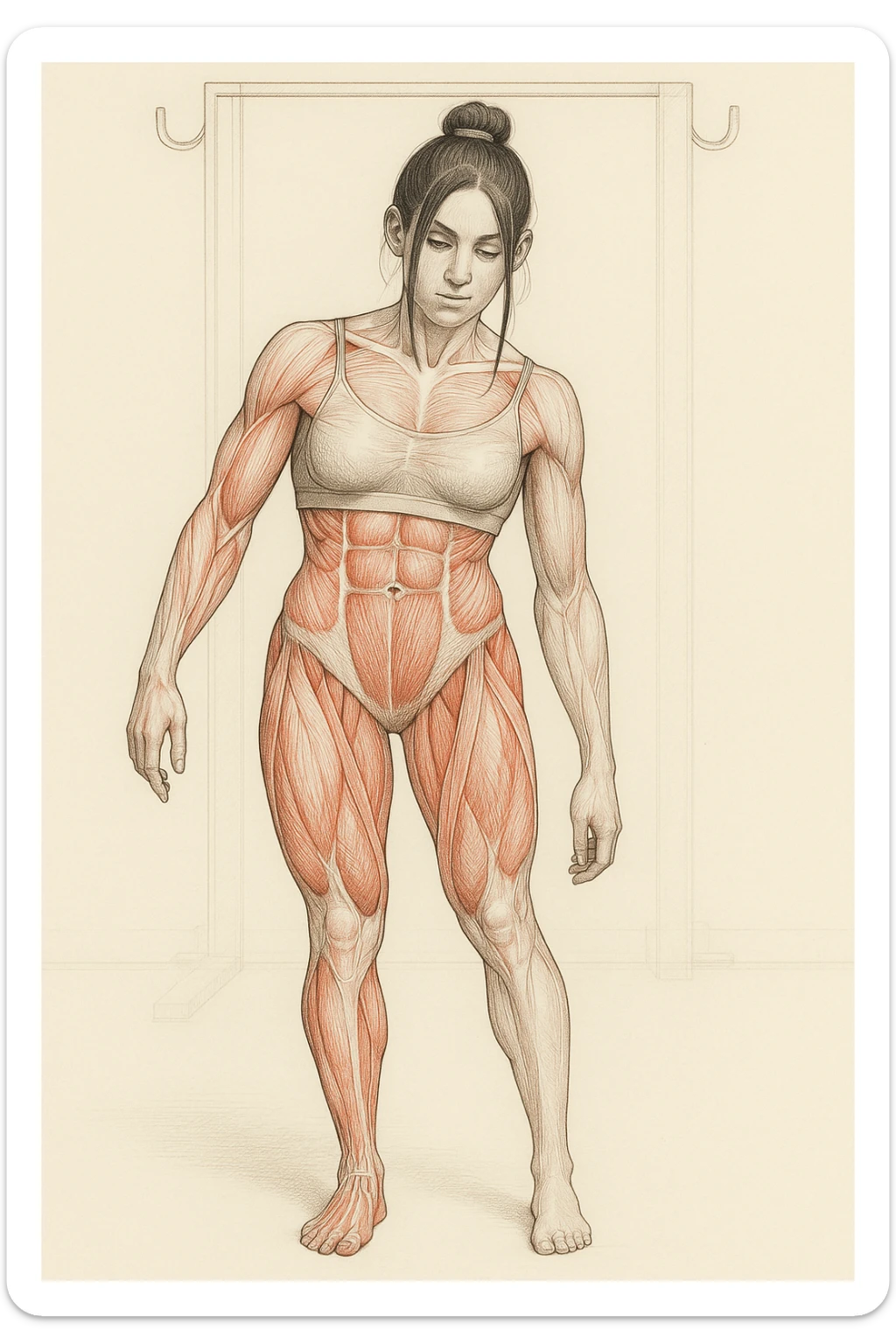Anatomical style illustration inspired by the photo showing one leg visibly smaller and less hypertrophic than the other, highlighting the muscular difference between the legs, anatomical style, variant 6. sticker