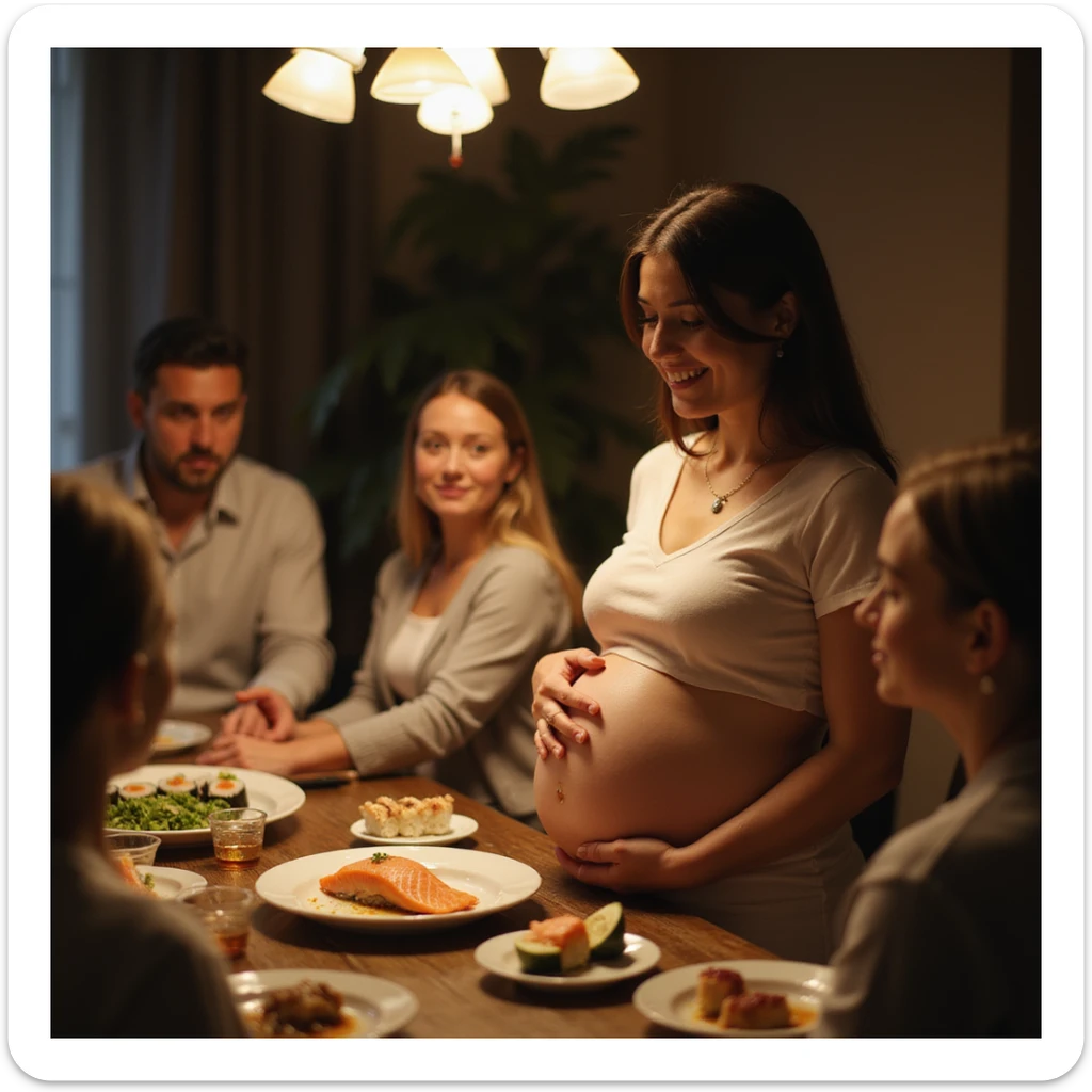 realistic pregnant woman in 4K at a dinner with friends, everyone eating sushi except her, smiling and holding a hand on her belly, plate of salmon left untouched in front of her sticker